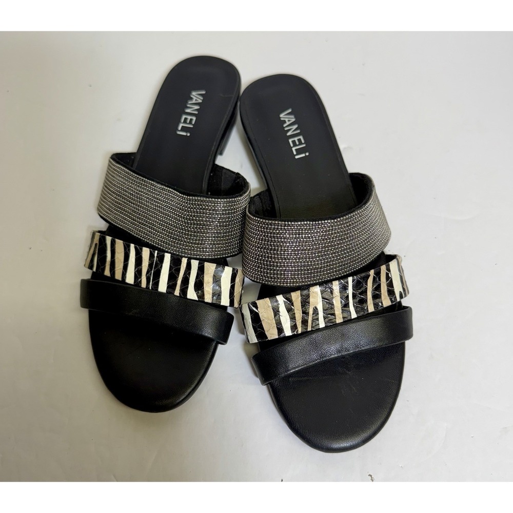 Vaneli Black Sandals With Shimmering rhinestone straps and zebra-print. 7M